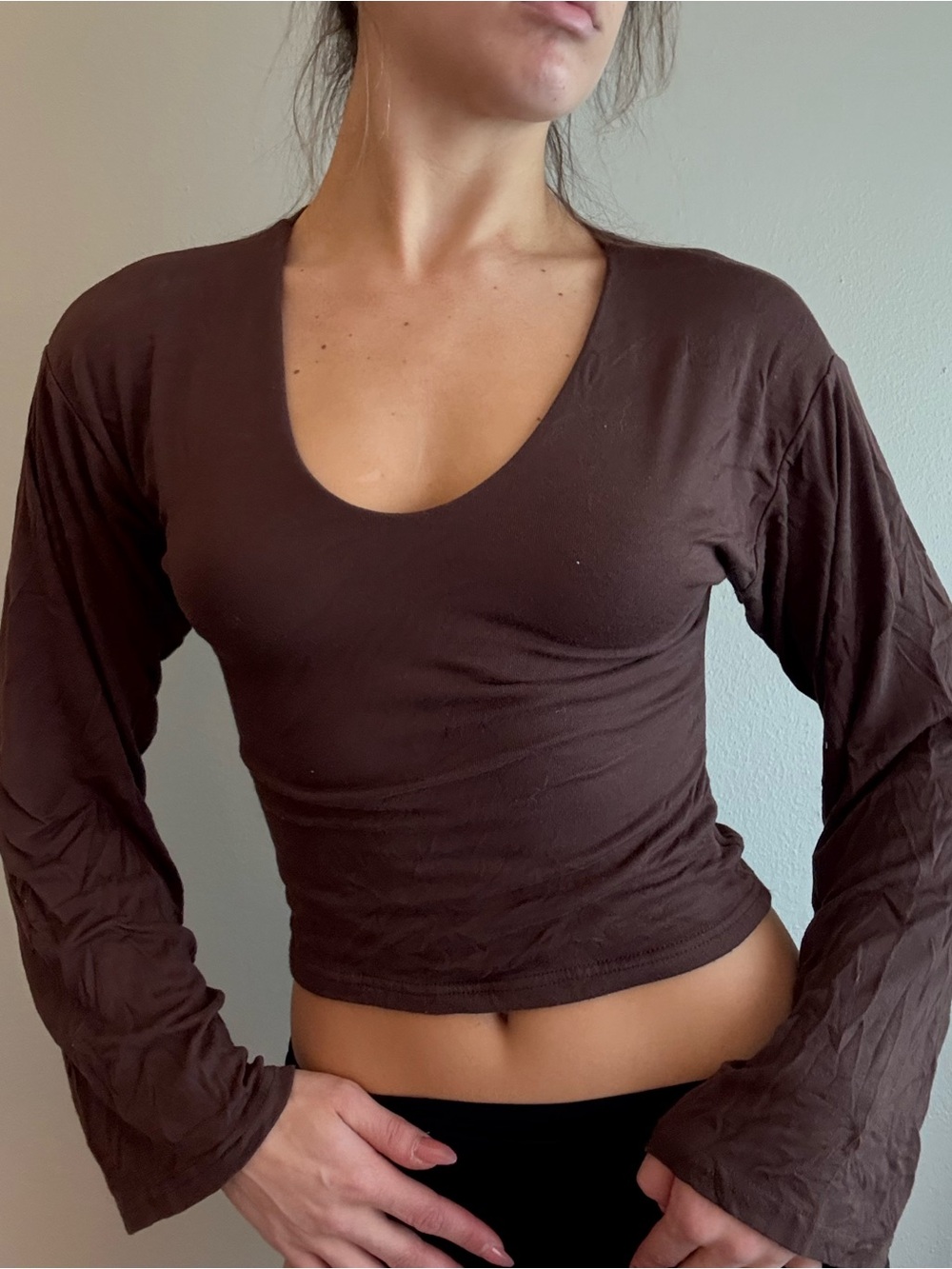 Brown Scoop Neck Long Sleeve Women's Top